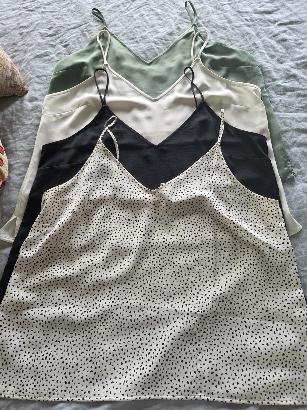 A New Day | (4) Women’s V-Neck Satin Cami - Ivory, Black, Green, Speckled